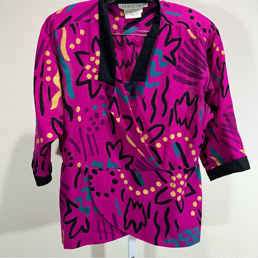 Vintage 80's Joanie Char Women's 100% Silk Blouse Art Deco Art to Wear